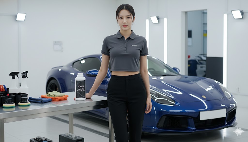 고급 자동차 디테일링 샵에서 여성 전문가가 M1000 용기 옆에서 작업 준비를 하고 있습니다. "sPlastic m-Series M1000 Premium Car Wash" 라벨이 붙어 있어, M1000이 전문가용 세차 용품으로 활용됨을 보여주며 제품의 프리미엄 이미지를 강화합니다. (M1000 용기가 고급 세차 디테일링샵에서 활용되는 모습을 통해, 제품의 전문성과 프리미엄 이미지를 강조합니다.