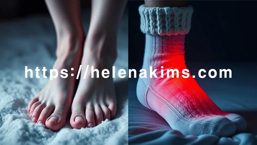 극명한 대비를 이루는 두 발의 모습. 한쪽 발은 약간 푸른빛이 감도는 시린 피부와 함께 혈색 없이 차가운 발가락이 보이도록 묘사한 이미지.