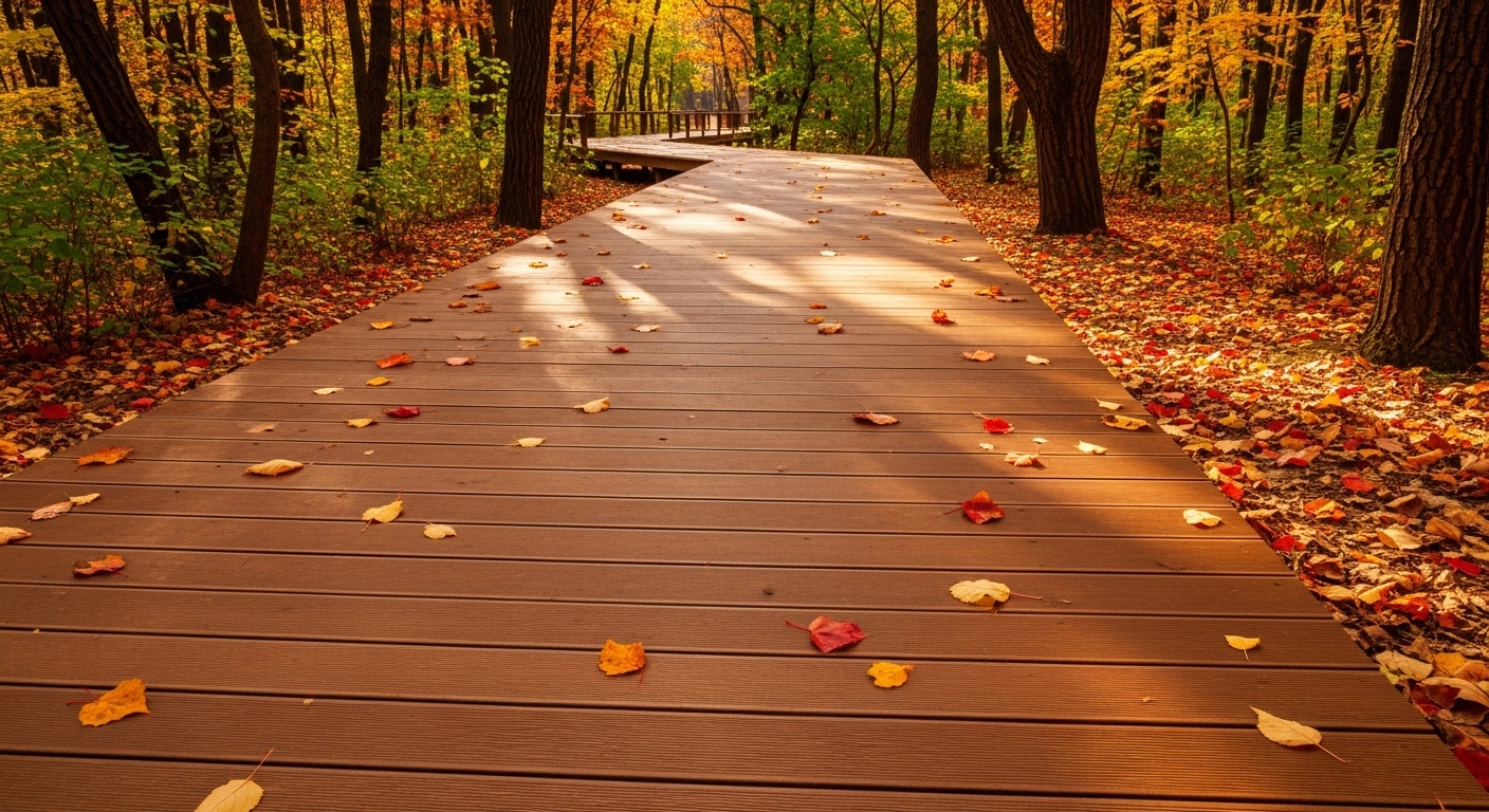화담숲 무장애 코스의 잘 정비된 나무 데크길 위로 붉고 노란 단풍잎들이 아름답게 흩뿌려진 모습. 휠체어와 유모차 통행이 용이한 넓고 평탄한 길임을 보여주는 풍경.