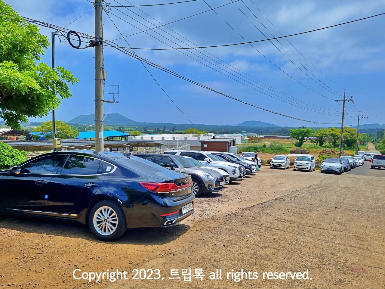 전봇대와 그 아래 10대가 넘는 차들이 주차되어있다.