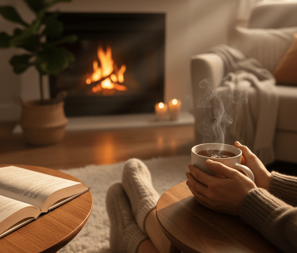 벽난로를 보며 차를 마시는 편안한 장면