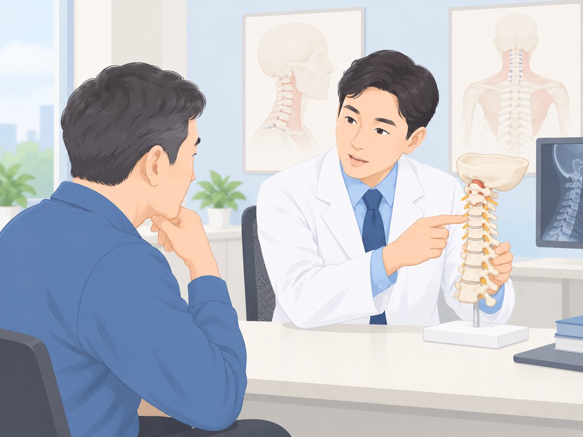 척추 모형과 목뼈 영상으로 후종인대골화증을 설명하는 의사와 듣는 환자