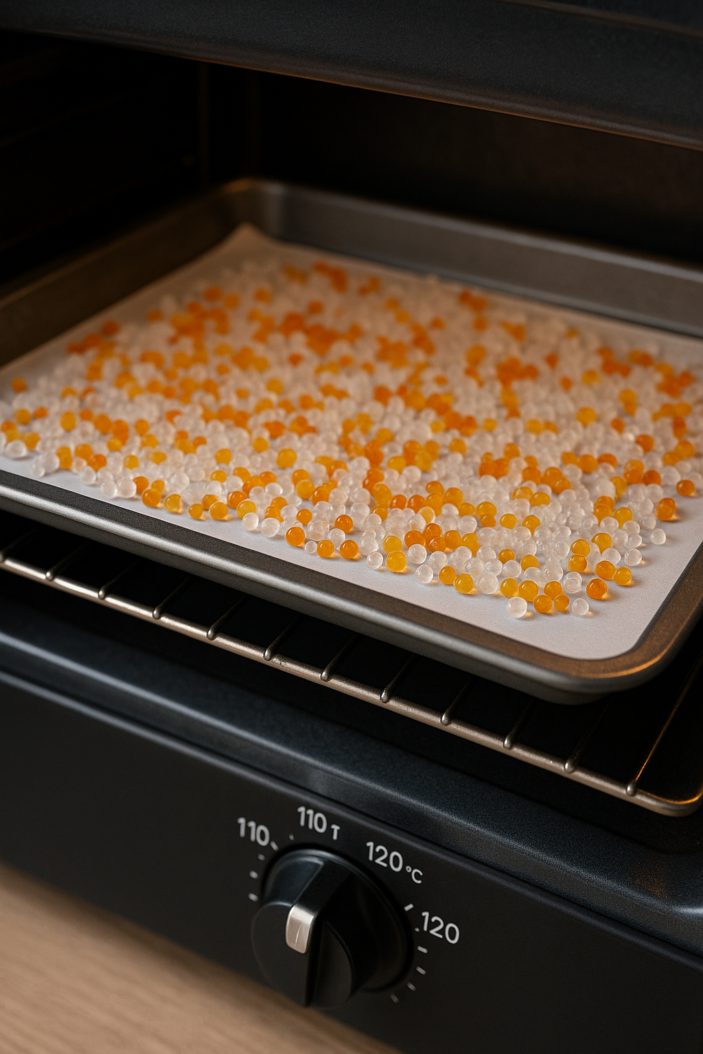 오븐 온도 110~120도에 맞추고, 유산지 위에 실리카겔 비드를 단층으로 펼쳐 건조하는 모습