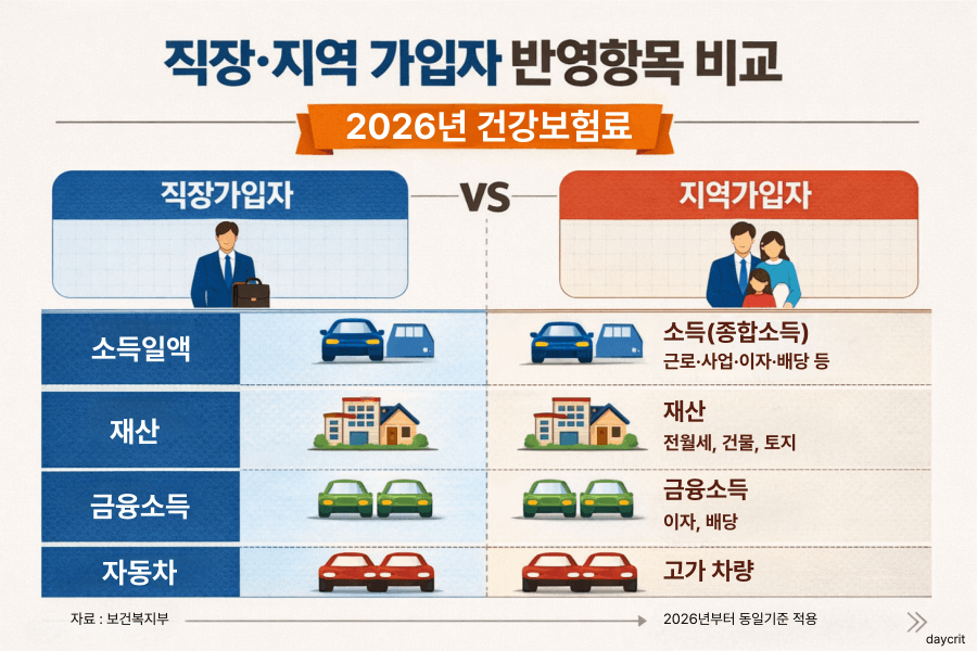 직장·지역 가입자 반영항목 비교 2026 건강보험료