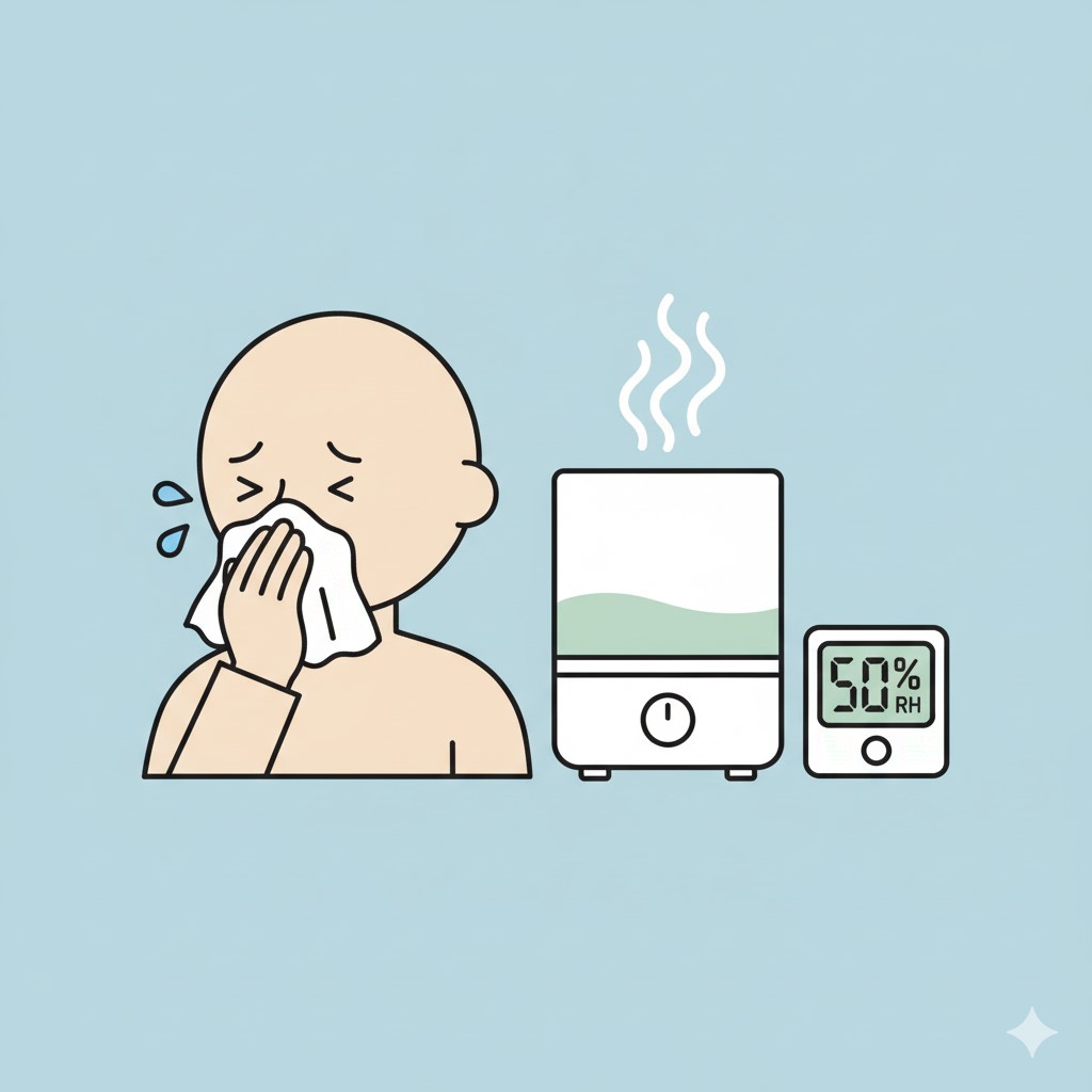 코막힘, 콧물, 건조한 공기, 실내 환경, 건강 팁, 예방, 미니멀 디자인, 플랫 일러스트, 디지털 건강