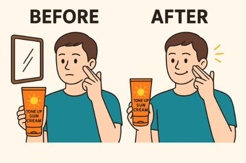 A flat-style illustration of a man applying tone-up sun cream, showing a visible difference in skin tone and mood between the “BEFORE” and “AFTER” panels.-톤업 선크림을 바르기 전과 후를 비교한 일러스트 이미지. 사용 전에는 칙칙한 표정, 사용 후에는 밝아진 피부와 환한 표정이 강조됨.