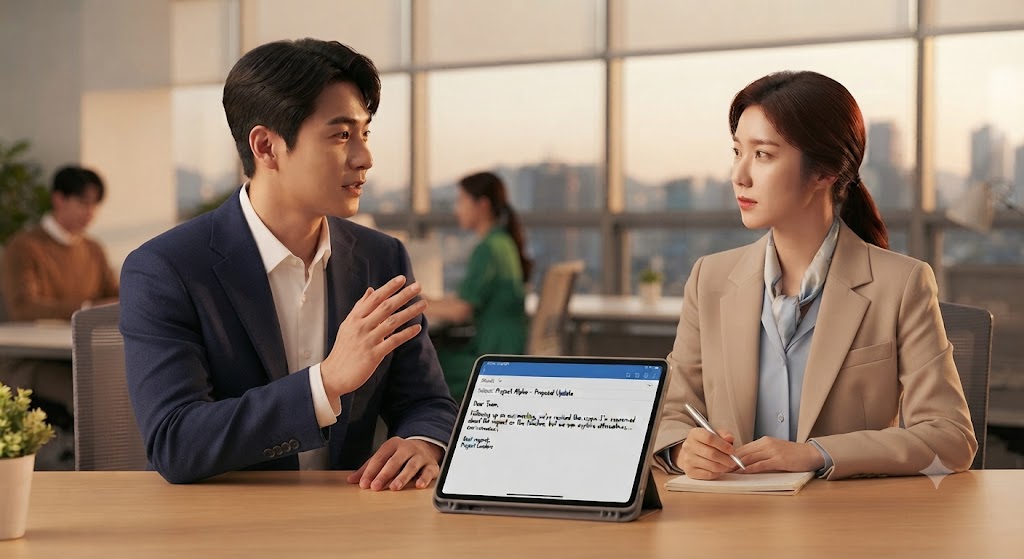 세련된 오피스 환경에서 동료의 추가 업무 요청에 정중하게 대안을 제시하며 전문적으로 소통하고 있는 직장인의 모습