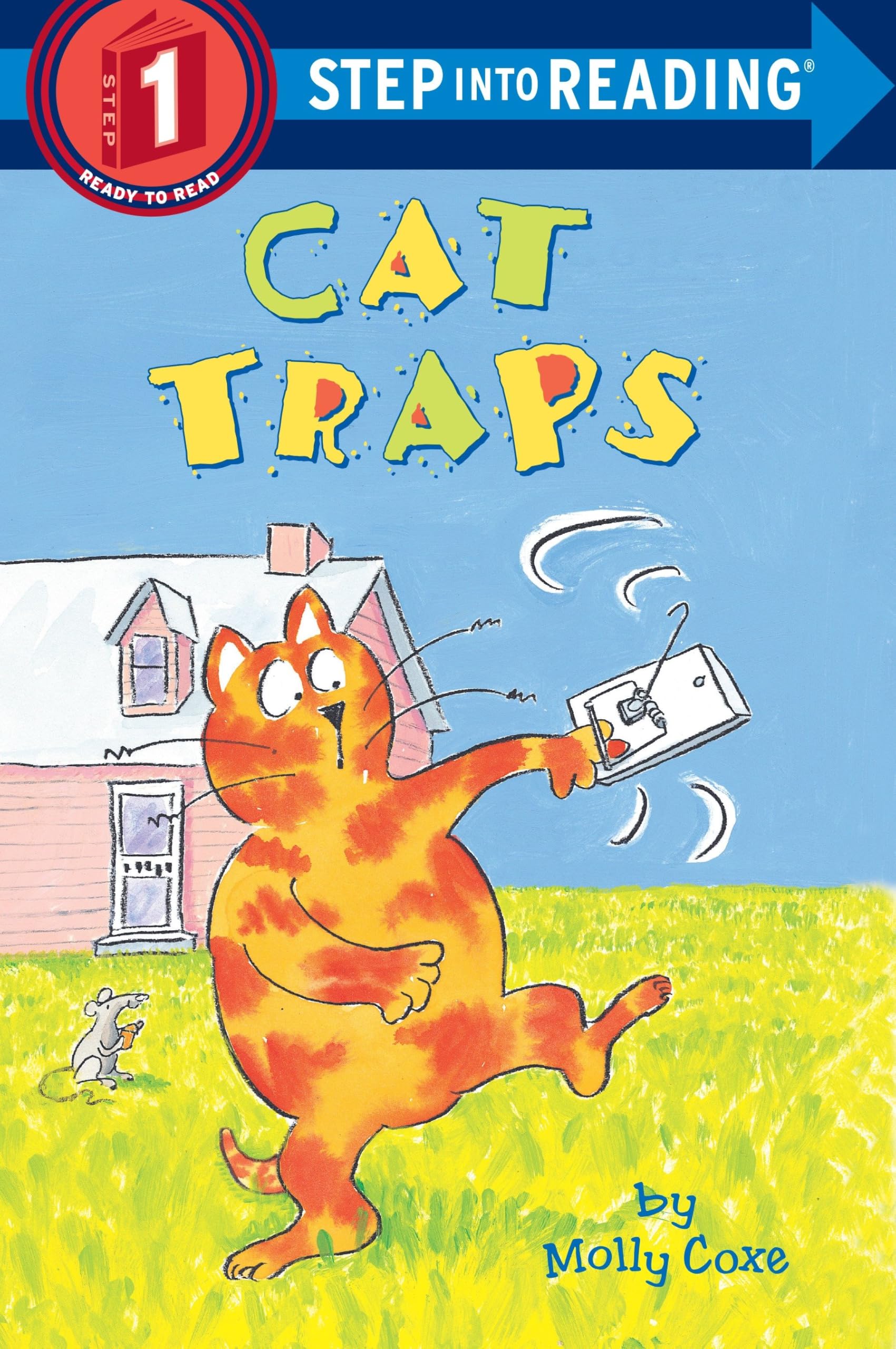 step into reading 1 시리즈 cat trps 표지! 고양이가 덫에 걸린 장면의 책 표지.