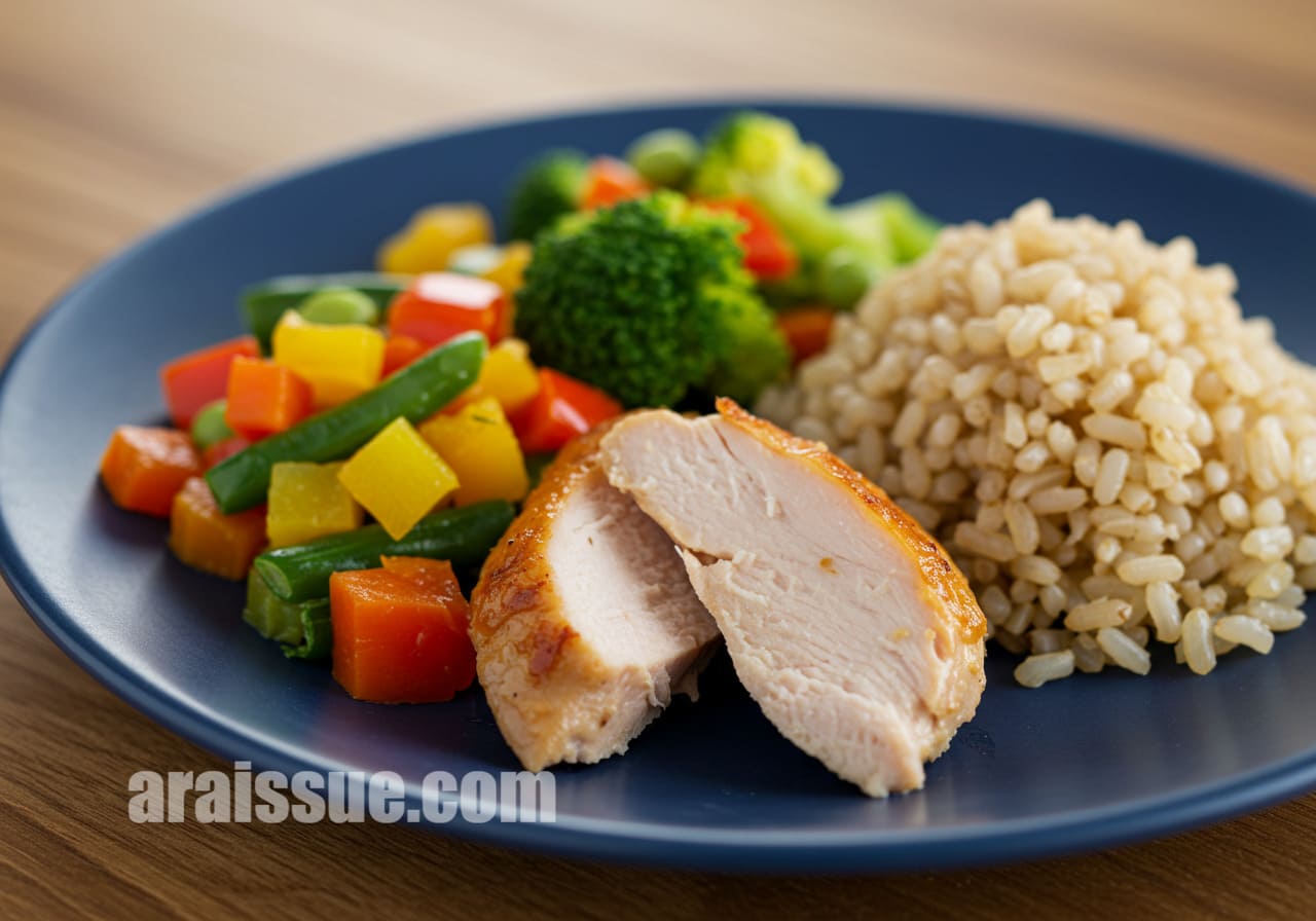 적당한 양의 채소, 단백질, 곡물이 담긴 접시