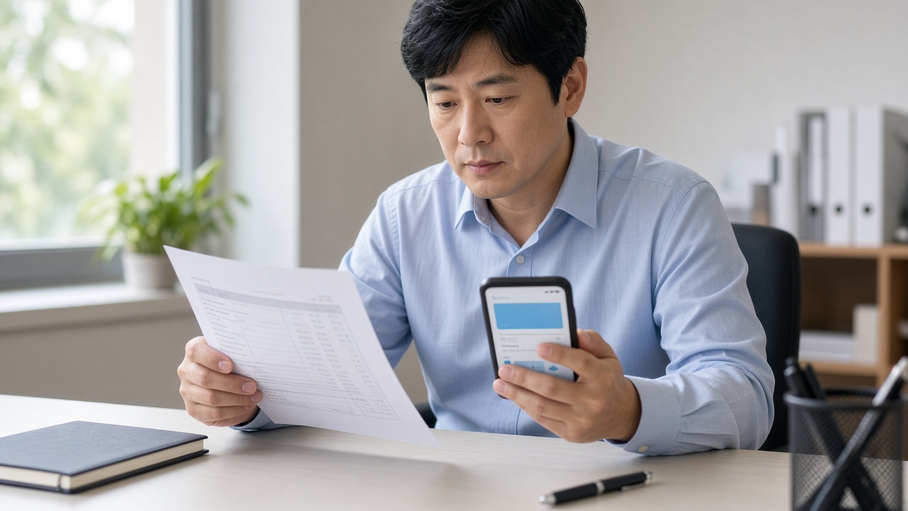 회사 책상에서 급여명세서와 카드앱을 대조하는 40대 한국인 남성