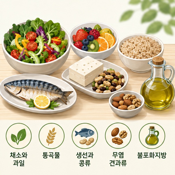 채소와 과일, 통곡물, 생선과 콩류, 무염 견과류와 불포화지방 식품처럼 혈관 건강 식단에 활용하기 좋은 음식을 보여 주는 그림