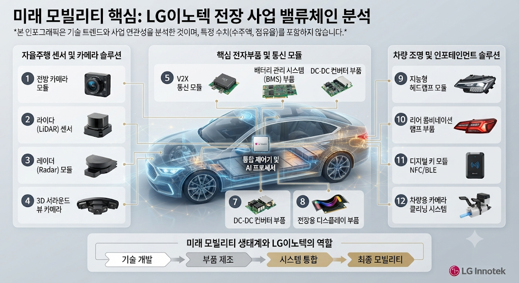 차량용 전장 사업 및 자율주행 부품의 성장성을 보여주는 LG이노텍 이미지