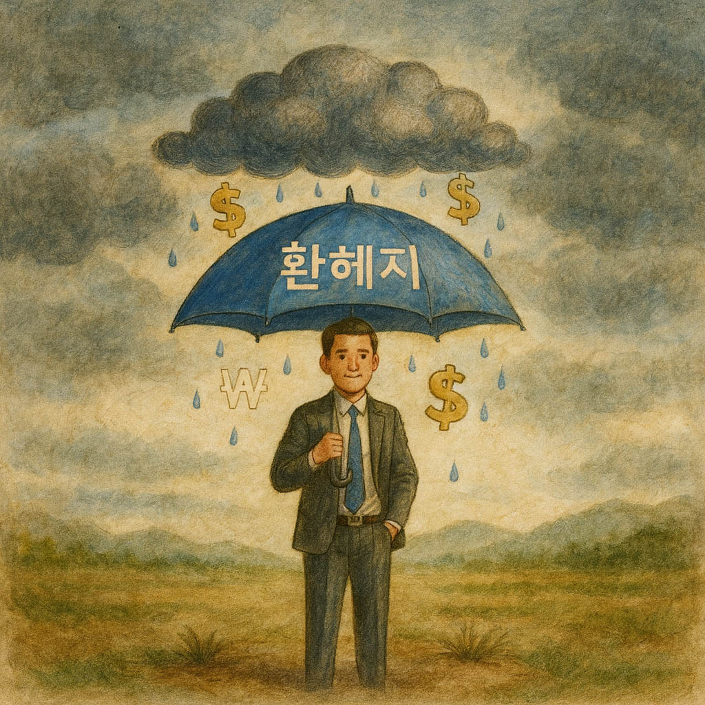 '환헤지' 우산을 쓴 사람이 달러와 원화 기호의 비를 피하며 환율 변동 위험을 방어하는 일러스트.