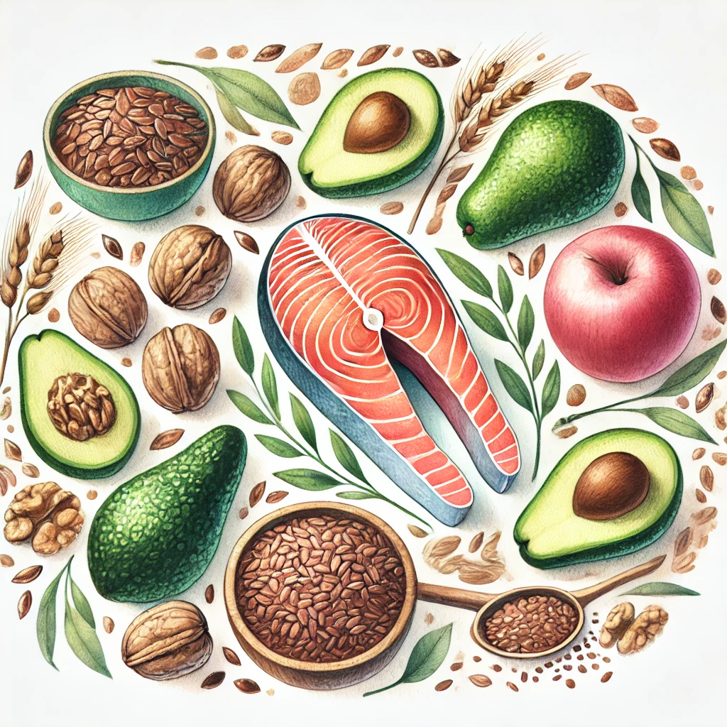 오메가3가 풍부한 음식들 (연어, 호두, 아마씨, 아보카도 등)