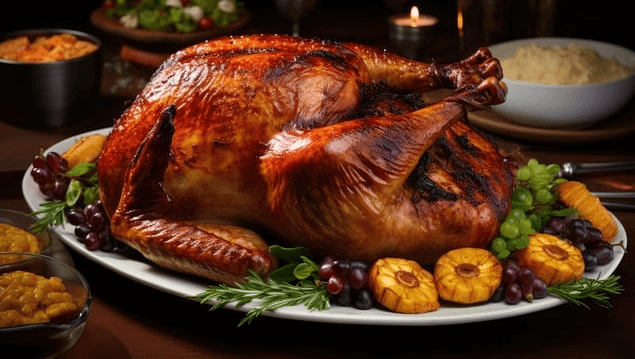 하얀 접시에 커다란 칠면조 통구이가 있고, 그 옆에 야채,포도와 로즈마리가 있다.