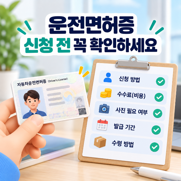 운전면허증 재발급 신청 전 준비물 비용 수령방법을 확인하는 이미지