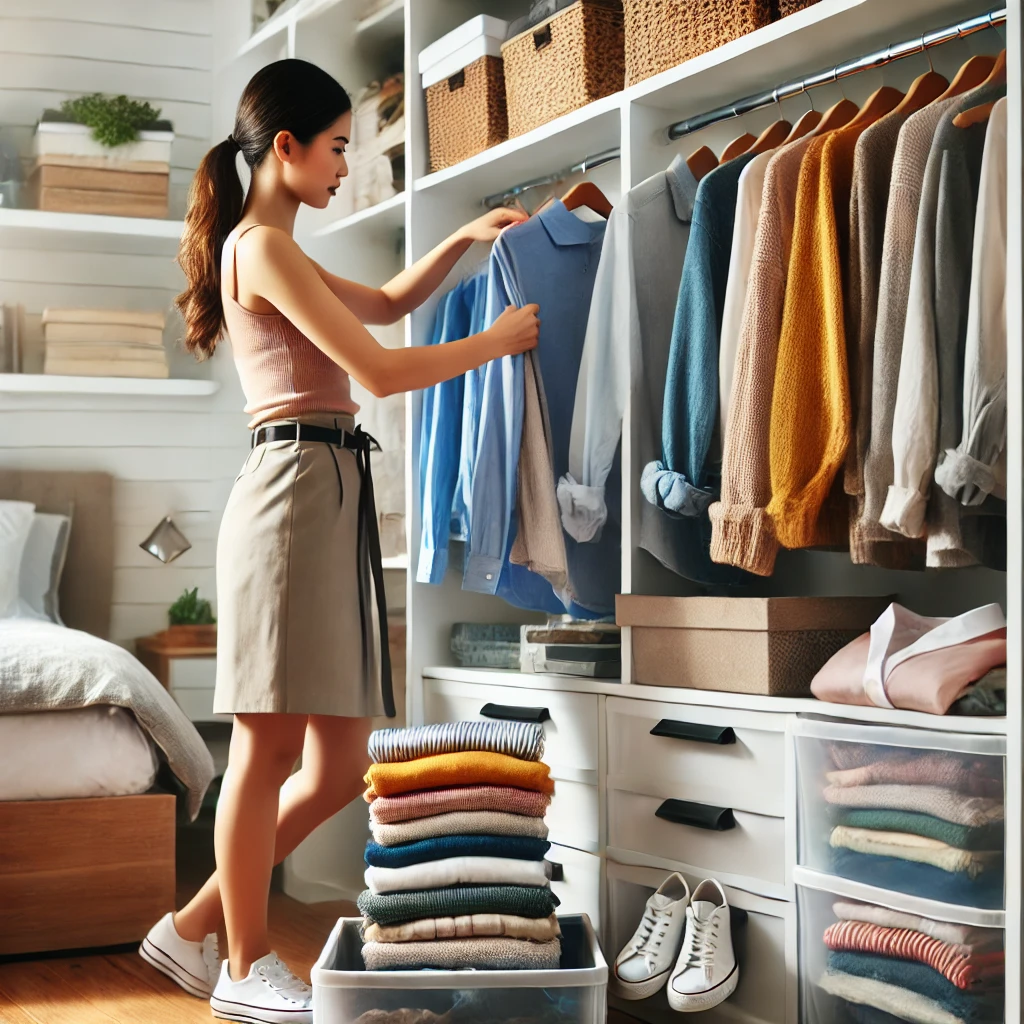 옷장에 옷을 정리 하는 여자