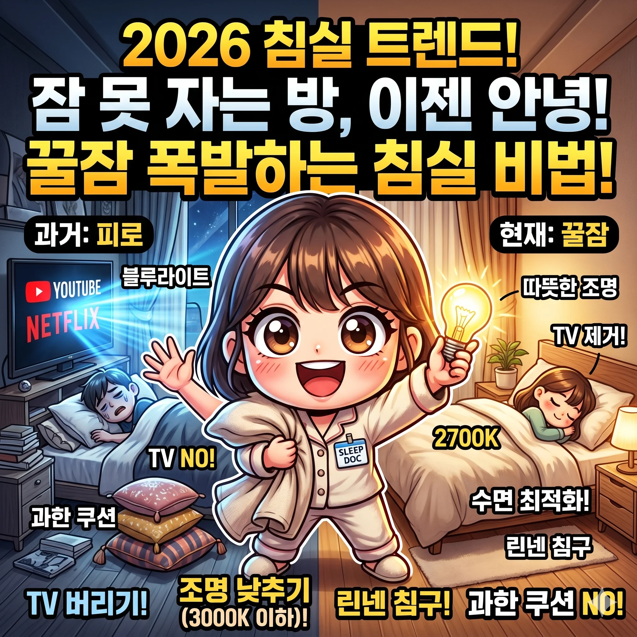 2026년 침실 인테리어 트렌드인 수면 최적화 공간을 설명하는 유튜브 썸네일. 귀여운 캐릭터가 침대 위에서 양손 엄지를 올리고 있으며, 배경에는 TV 제거(X표시), 3000K 미만의 따뜻한 스탠드 조명, 믹스매치 가구 배치가 묘사되어 있습니다.