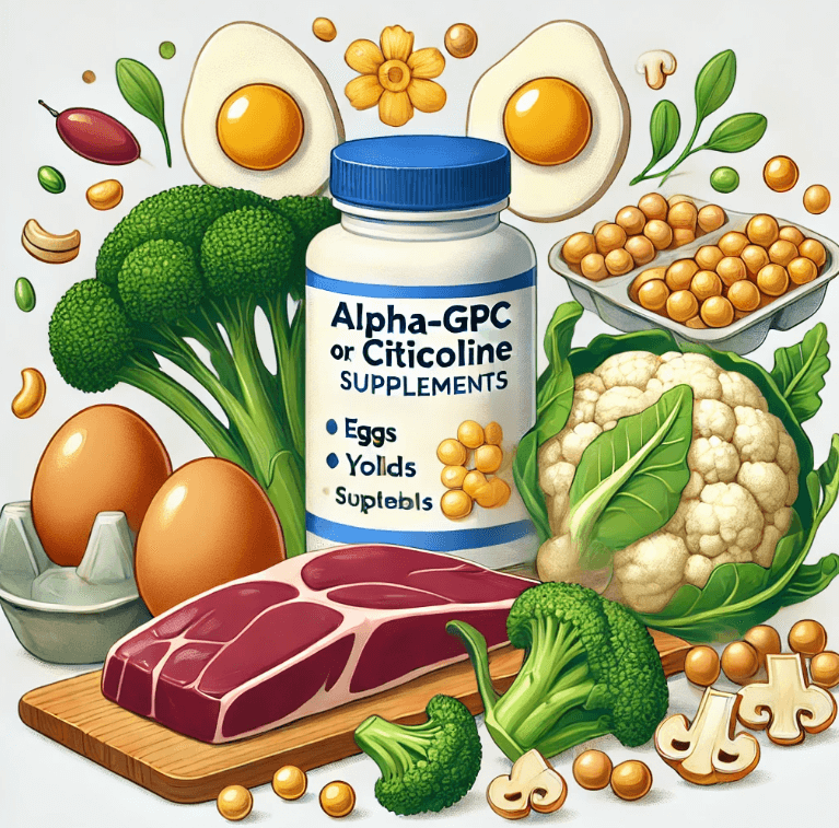 계란 ( 노른자 포함 ), 간 , 대두 , 브로콜리 , 콜리플라워 등 콜린이 풍부한 식품과 Alpha-GPC 또는 시티콜린 보충제에 대한 묘사한 그림