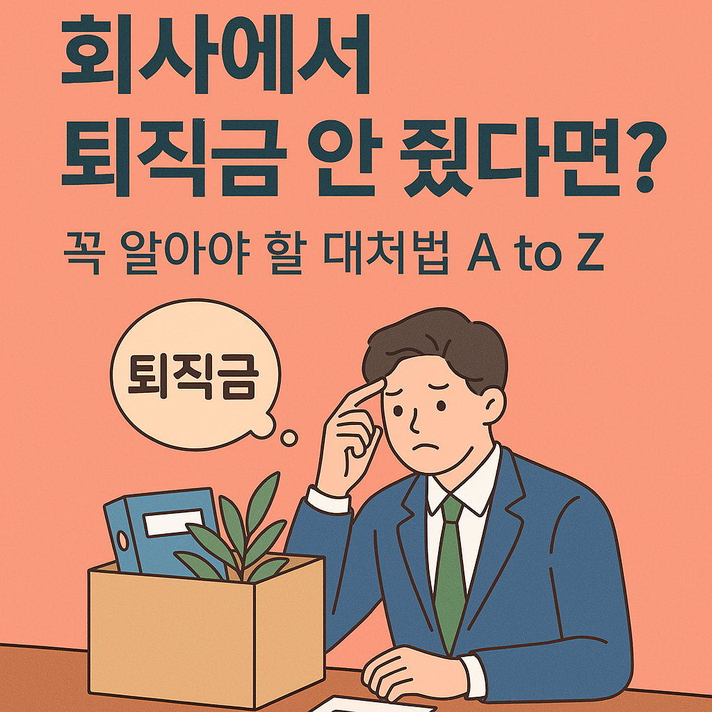 회사에서 퇴직금이 밀린 상황을 주제로 한 일러스트 스타일 썸네일 이미지. 정장을 입은 남성이 책상에 앉아 걱정스러운 표정을 짓고 있으며, 옆에는 퇴사 후 짐이 담긴 상자가 놓여 있음. 말풍선에는 ‘퇴직금’이라는 단어가 있고, 이미지 왼쪽 상단에는 “회사에서 퇴직금 안 줬다면? 꼭 알아야 할 대처법 A to Z”라는 텍스트가 적혀 있음. 배경은 주황빛 계열의 단색.