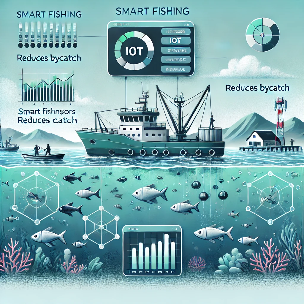 이 이미지는 IoT 기반 스마트 어업의 미래를 표현합니다. 어선에 장착된 IoT 센서들이 실시간으로 수온, 염도, 어종 움직임을 모니터링하며, 스마트 어구를 통해 부수어획을 줄이고 있습니다. 데이터 대시보드가 어획 데이터를 추적하고 어업 규정 준수를 모니터링하는 모습이 함께 나타나며, 깨끗한 바다와 다양한 해양 생물이 어우러져 지속 가능한 어업을 상징합니다.