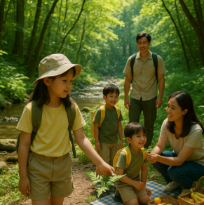 개울이 있는 산속에서 생태 체험하고 있는 가족 모습