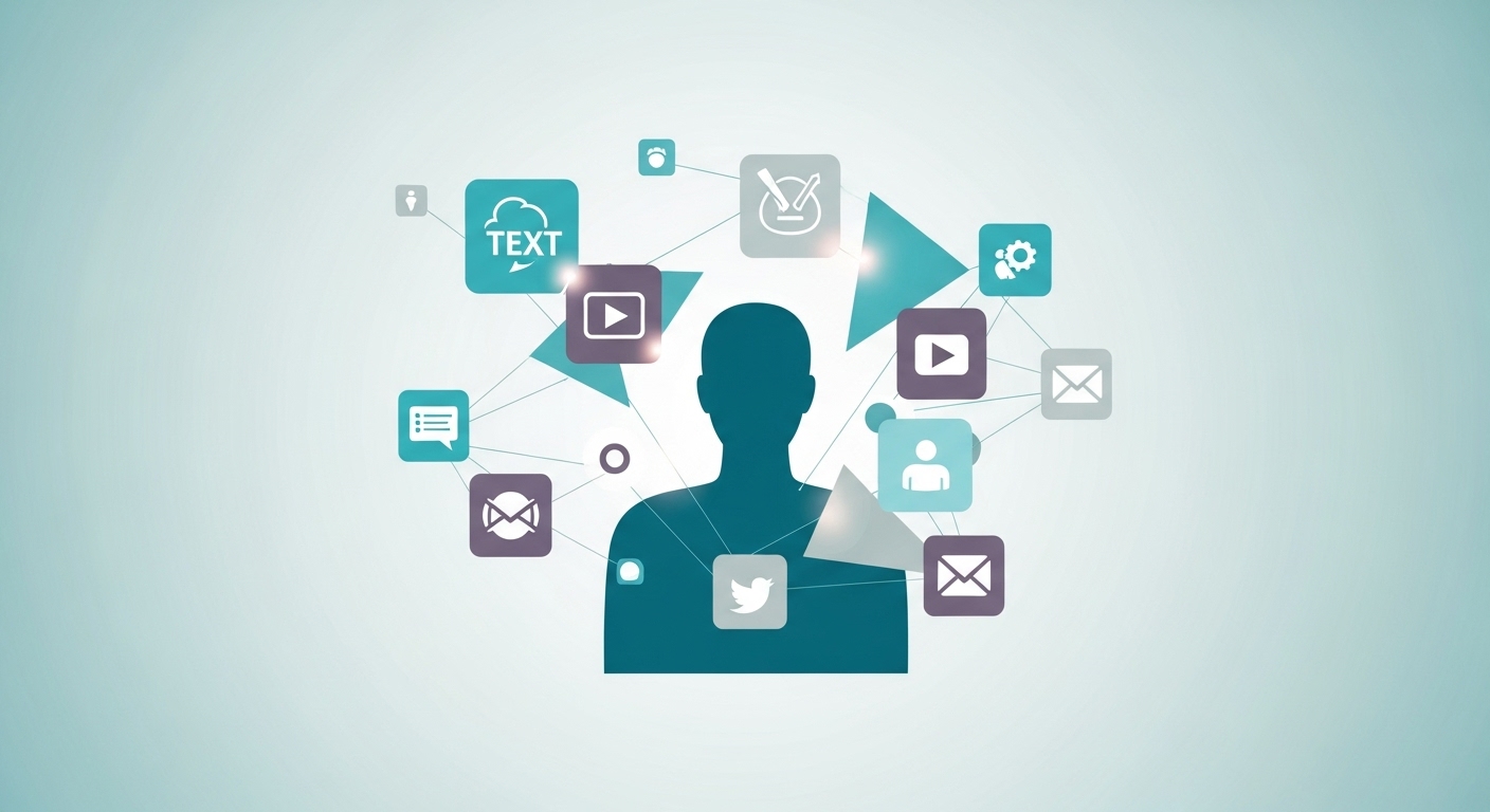 흩어진 디지털 정보들이 모여 개인의 이야기를 만드는 추상적인 이미지