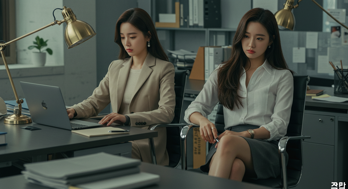 불편한 표정으로 앉아있는 두 여성