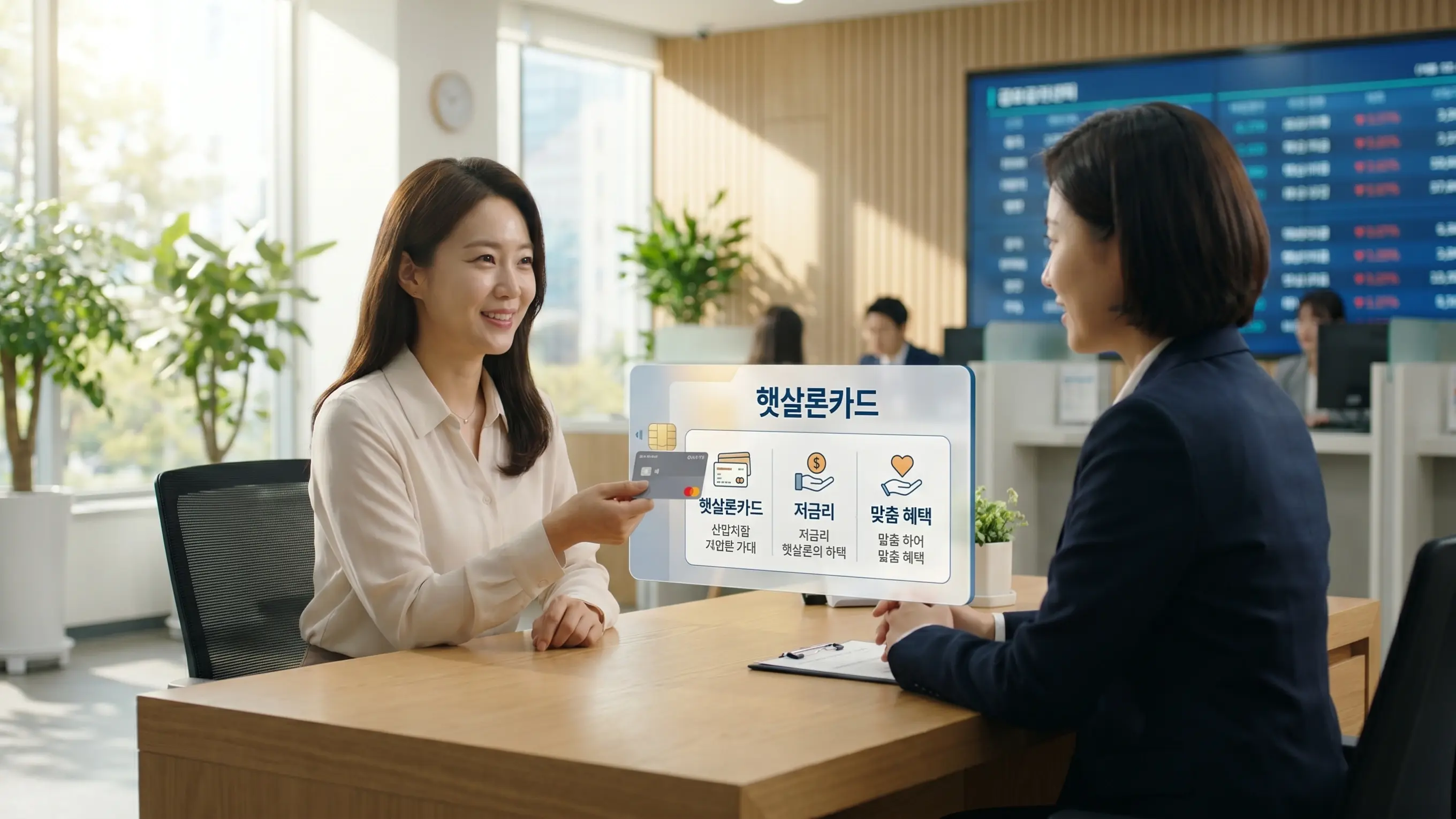 햇살론카드 신청 관련 상담 받고 있는 장면