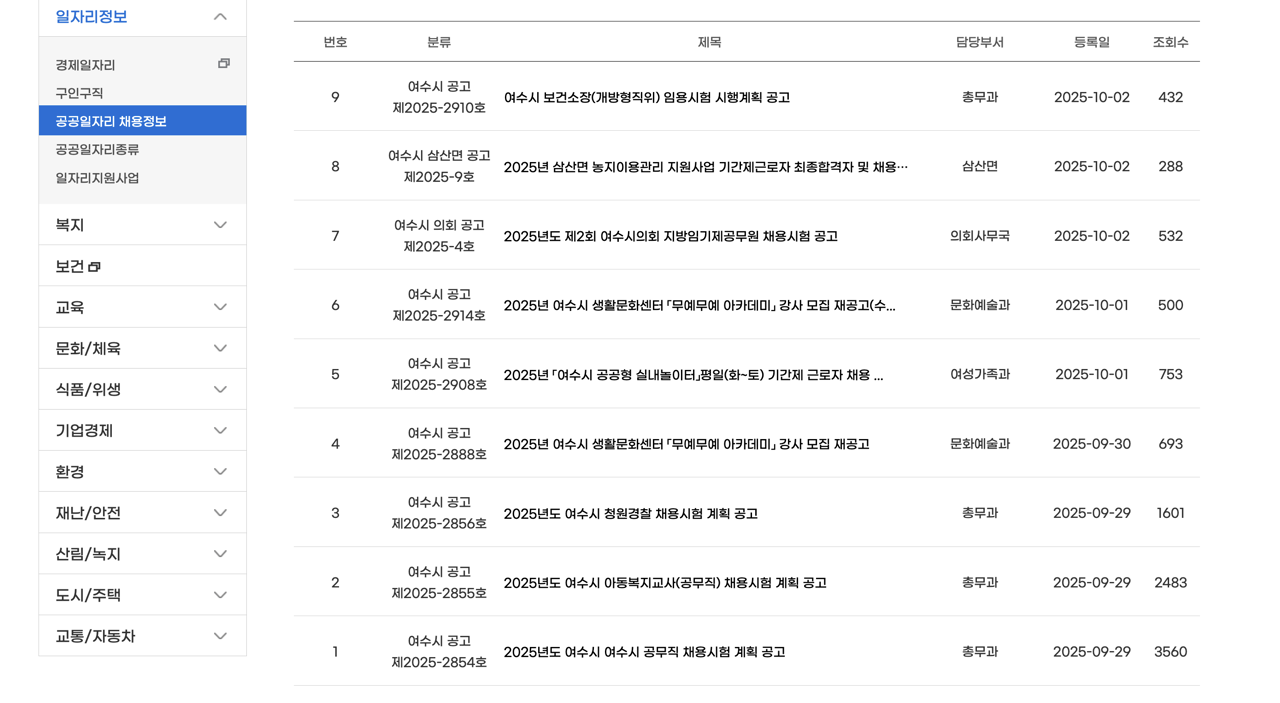 여수시청-공공일자리-2025년10월