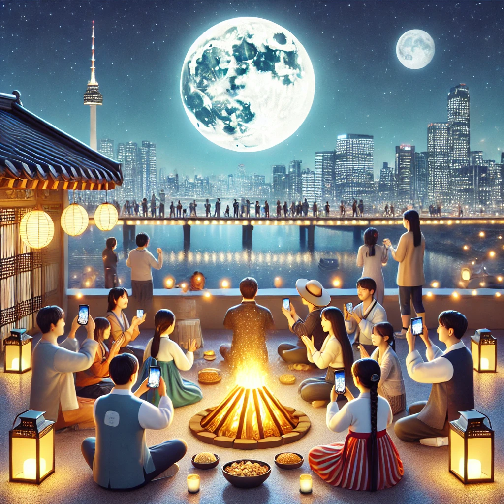 이 사진은 정월대보름 관련 사진으로 도심의 옥상에서 보름달을 보는 사람들의 모습입니다.