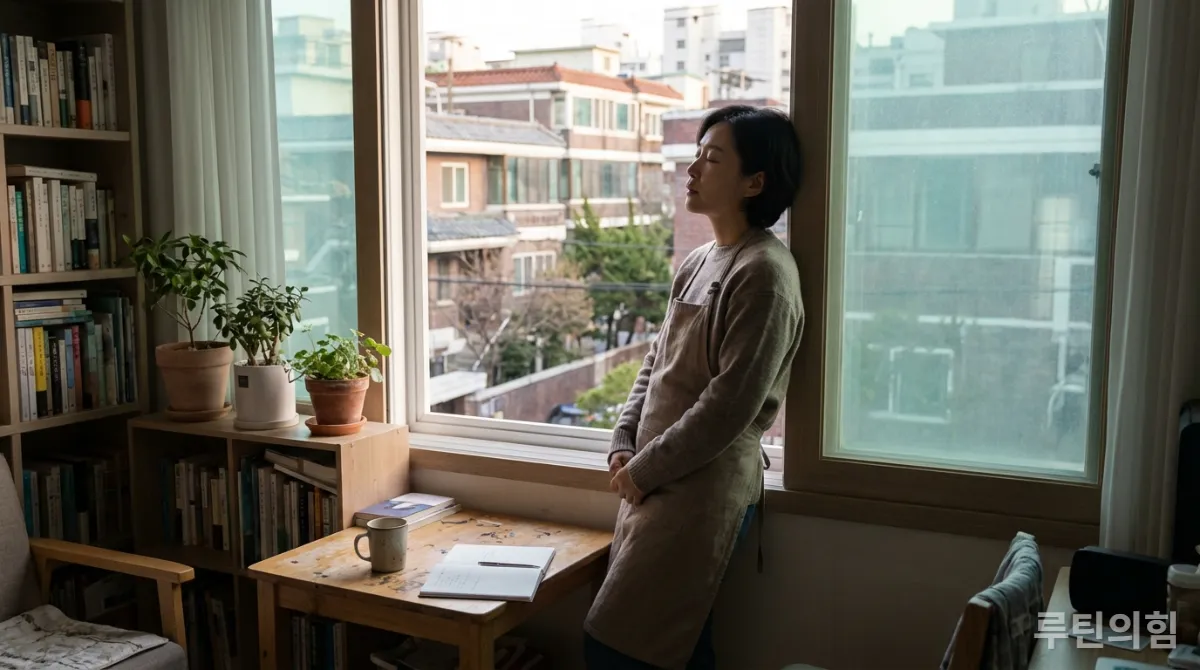 루틴 실패 후 잠시 숨을 고르며 다시 시작을 다짐하는 한국인