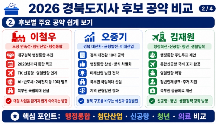 2026 경북도지사 후보 공약 비교 이철우 오중기 김재원 핵심정리