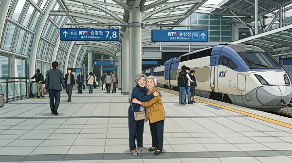 기차역에서 만나 포옹하는 두 여인