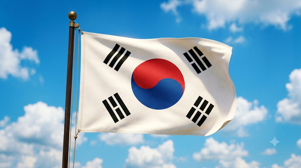 18년 만에 공휴일로 복원된 제헌절을 기념하여 푸른 여름 하늘 아래 펄럭이는 대한민국 태극기 모습