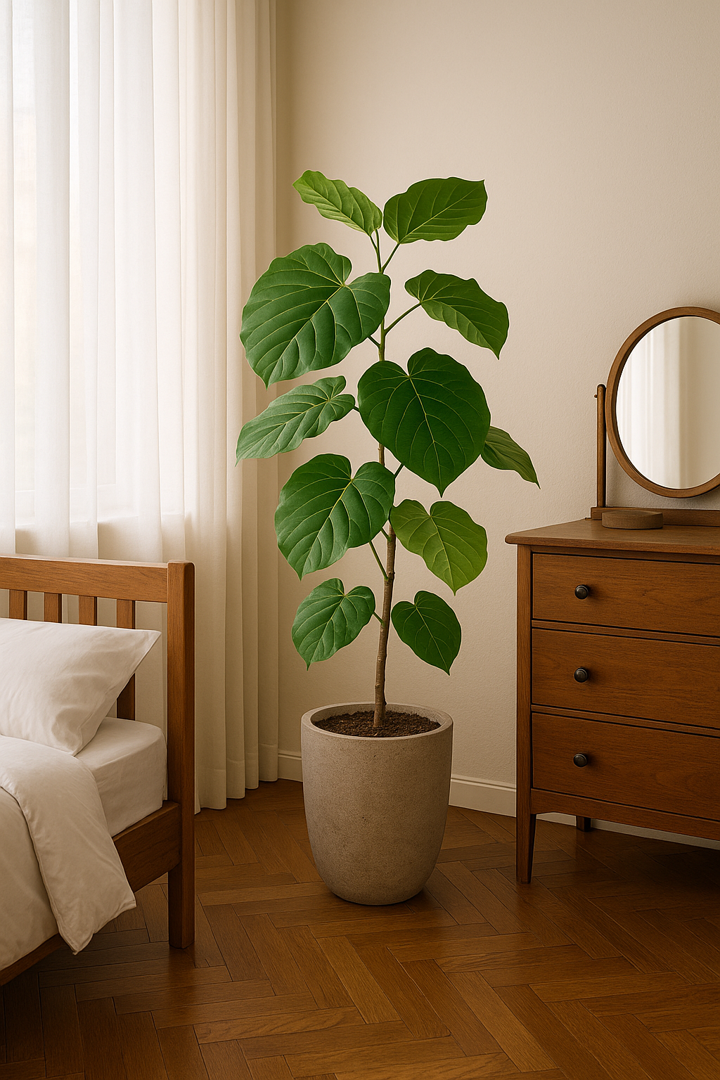 헤링본 브라운 원목 바닥 위 유로스톤 화분에 식재된 휘커스 움베르타