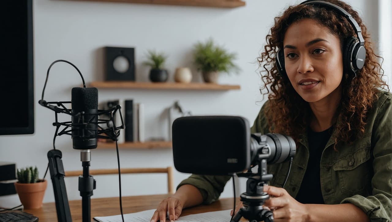 헤드셋을 쓴 여성 크리에이터가 마이크와 카메라 앞에서 스크립트를 읽으며 녹음하는 장면, ElevenLabs와 ChatGPT 음성 더빙 작업 분위기