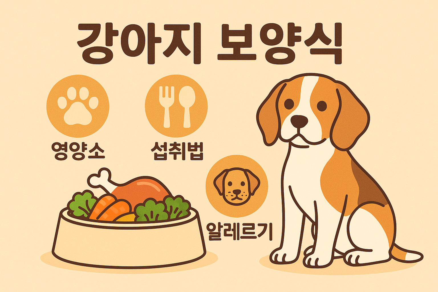 이 그림은 강아지 보양식을 주제로, 반려견의 건강한 식단 관리에 필요한 핵심 요소들을 알기 쉽게 표현한 인포그래픽입니다. 그림에는 귀여운 강아지와 함께 보양식 그릇이 등장하며, ‘영양소’, ‘섭취법’, ‘알레르기’라는 세 가지 중요한 키워드를 아이콘과 함께 시각적으로 전달해 반려인을 위한 정보를 친근하게 소개하고 있습니다.