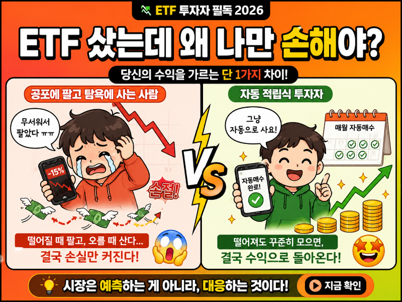 alt="TF 투자 실수 비교 인포그래픽, 공포에 매도하는 투자자와 자동 적립식 투자자를 비교하며 장기 투자 중요성을 설명하는 웹툰 스타일 썸네일"