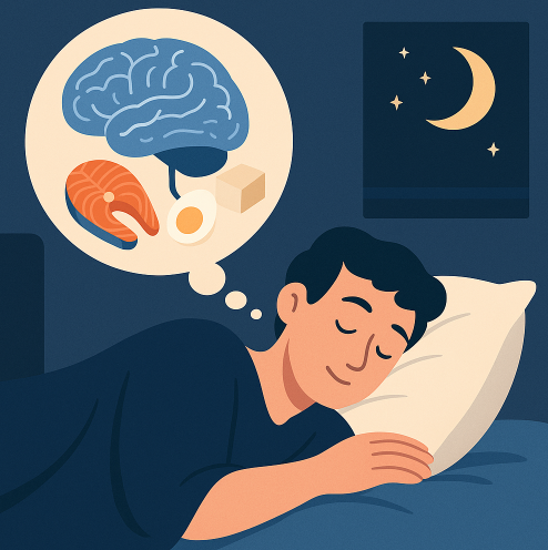 수면 중 꿈을 꾸는 사람의 뇌와 단백질 음식들이 연결된 일러스트, 침실 배경