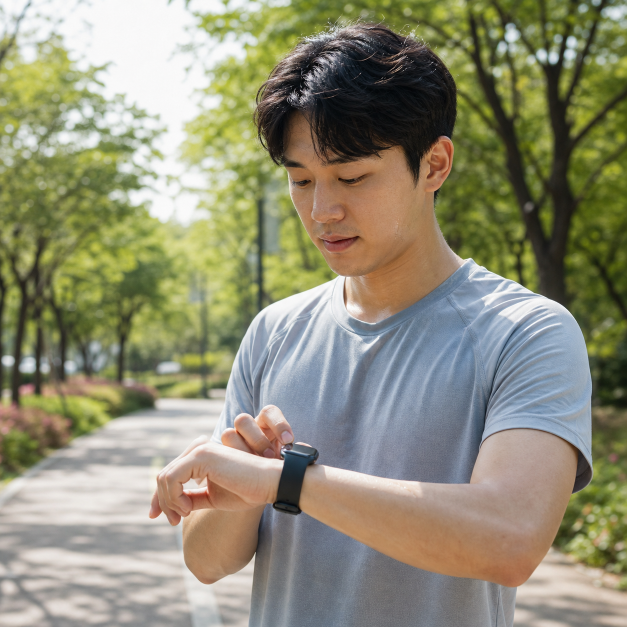갤럭시워치7 내용을 확인하는 한국인 실사 이미지 1