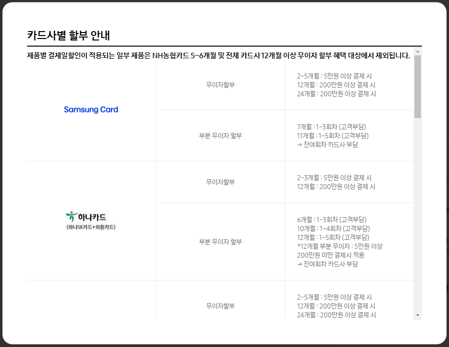 삼성닷컴 카드사별 할부 혜택 안내