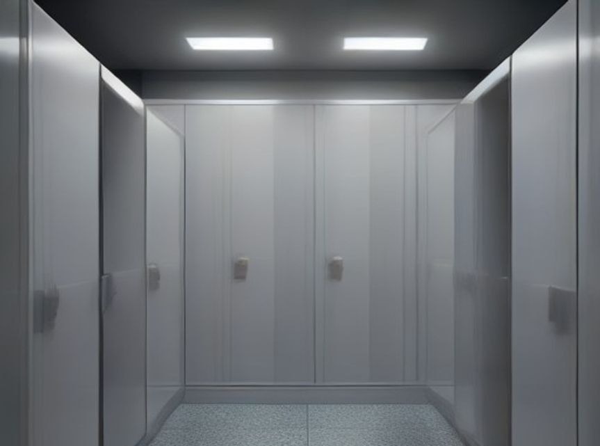 비어 있는 작업장 탈의실 사진. 흰 회색 철제 사물함 문이 양옆과 정면을 채우고 있으며, 도색된 금속면과 작은 걸쇠의 질감이 또렷하고 사람이나 이름표, 읽을 수 있는 글자는 없습니다