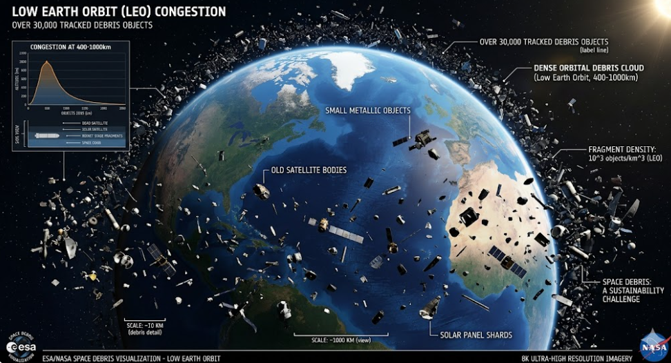지구 저궤도를 가득 채운 수만 개의 우주 쓰레기와 운용 중인 위성들의 밀도를 시각화한 ESA 공식 개념도