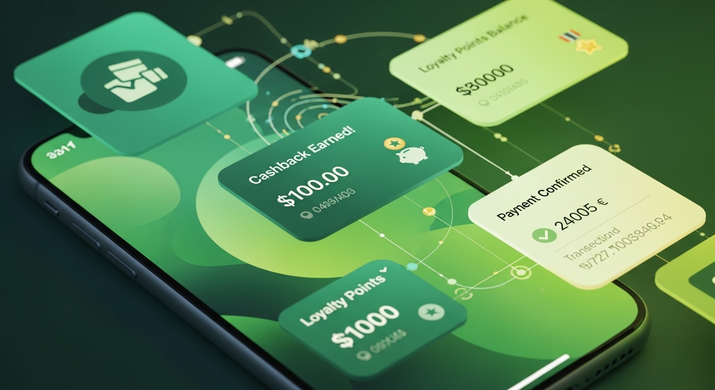 ์ค๋งํธํฐ ํ๋ฉด์ ์ฌ๋ฌ ๊ฐ์ ์ฑ์ด ์๋ก ์ ๊ธฐ์ ์ผ๋ก ์ฐ๊ฒฐ๋์ด ํฌ์ธํธ ์ ๋ฆฝ, ์บ์๋ฐฑ, ๊ฒฐ์  ํ์ธ ๋ฑ ๋ค์ํ ํํ์ ๋ณด์ฌ์ฃผ๋ ์ด๋ฏธ์ง. ์ฌ๋ฌ ์ฑ์ ์๋์ง ํจ๊ณผ๋ฅผ ํํํฉ๋๋ค.