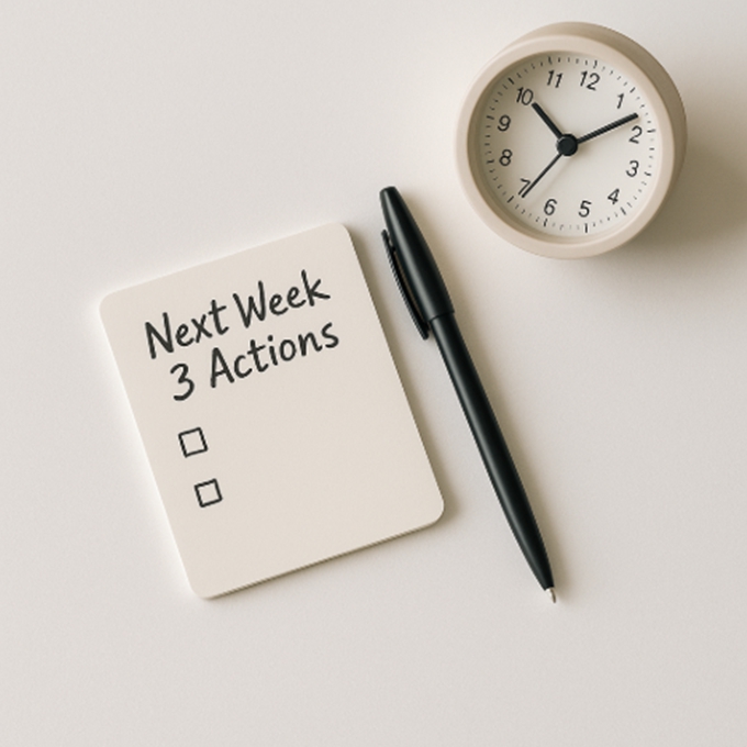 다음 주 실행 항목 3가지를 표시한 체크리스트와 볼펜, 작은 탁상시계.