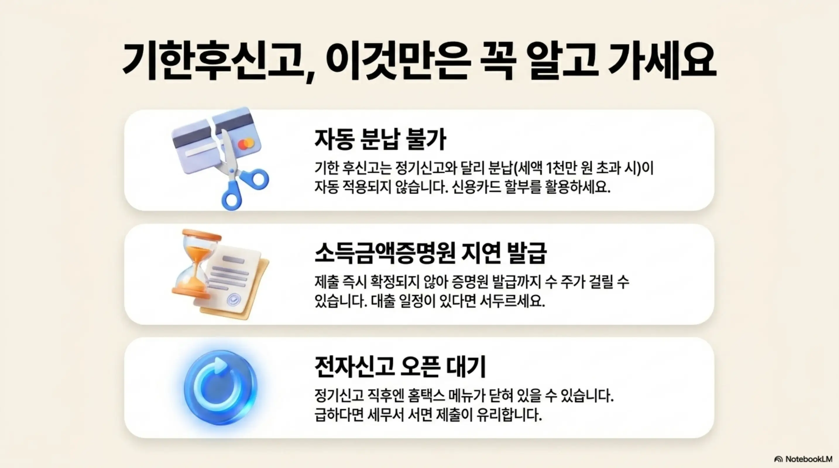 종합소득세 기한후신고 가산세: 기한후신고 이것만은 꼭 알고 가세요라는 문구가 포함된 이미지. 이 이미지는 기한후신고 시 자동 분납 불가와 소득금액증명원 지연 발급 그리고 전자신고 오픈 대기라는 3가지 주의사항을 시각적으로 전달하며&amp;#44; 블로그의 종소세 기한후신고 실무 주의사항과 관련된 내용을 설명함 
