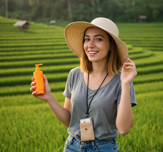 동남아를 여행하는 여성이 자외선차단, 시원한모자, 카드파우치들고 있는 모습