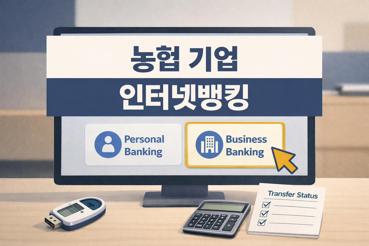 농협 기업인터넷뱅킹을 시작할 때 개인뱅킹과 기업뱅킹 화면 구분, 로그인 경로, 이체 준비 항목을 한 번에 이해하도록 보여주는 썸네일 이미지