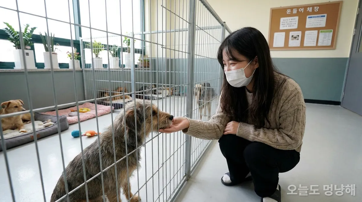 유기견 보호소에서 강아지를 쓰다듬는 한국인 자원봉사자